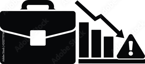 Business briefcase next to declining bar graph showing economic recession and market crisis indicator.