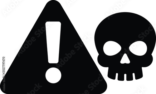 Danger warning sign icon featuring exclamation point triangle alongside human skull death hazard symbol.