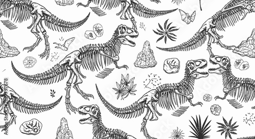 Schilderij op canvas Black and white dinosaur skeleton illustration.