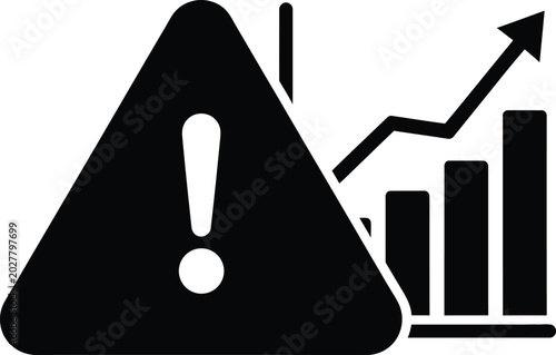 Large warning sign overlaying positive business bar chart indicating potential risks in market growth.