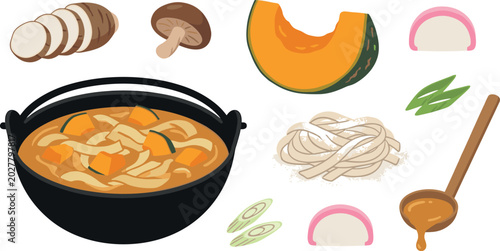 Foto Japanese Pumpkin Udon Soup and Traditional Cuisine Vector Collection with Mushro