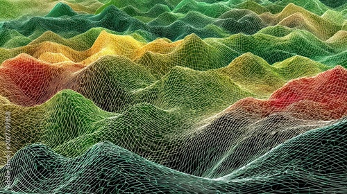 Three dimensional terrain simulation displays colorful topographical contours with interconnected lines