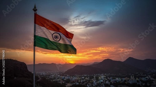 Flag Raising Over Distant Hills at Sunset with Indian Colors