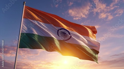 Indian Flag Flying in Golden Sunset Setting