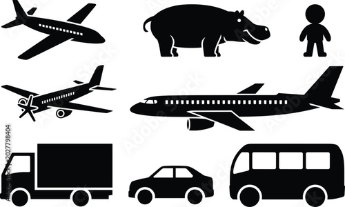 Bild auf Leinwand Silhouettes of airplane, jet, truck, car, bus, hippopotamus, and human figure re