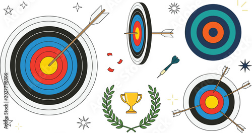 Quadro su tela Archery Target Vector Set Featuring Bullseye, Arrows, Trophy, Laurel Wreath, and