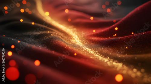 Elegant red and gold swirling fabric texture with sparkling bokeh lights