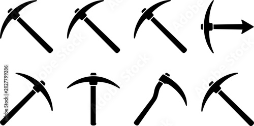 Bild auf Leinwand Mining Pickaxe Silhouette Icon Set with Mattock and Scythe Hand Tool Symbols for