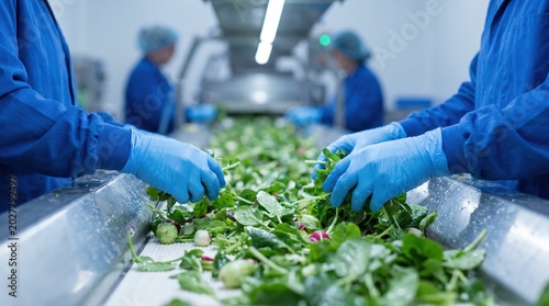 Workers in blue gloves sorting fresh green salad on conveyor belt in food processing factory, industrial food production and quality control concept.