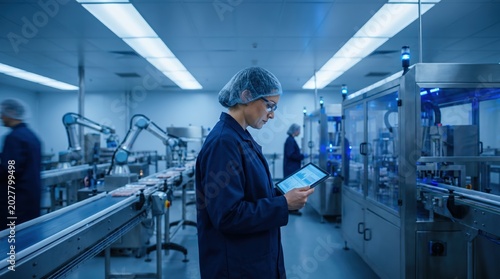 Female industrial engineer using a digital tablet near an automated production line, smart manufacturing and Industry 4.0 quality control concept.