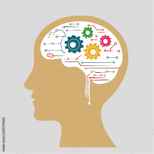 Abstract Human Head with Gears and Circuitry