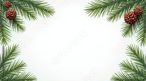 Christmas holiday frame with green pine tree branches and brown pine cones for winter season decoration and festive greeting card design