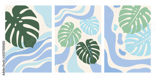 Monstera Leaves with Abstract Waves in Soft Blue Palette Vector Illustration