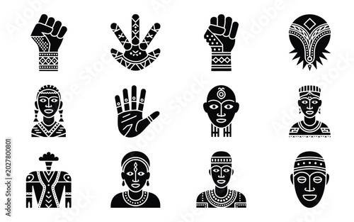 Canvas Print Tribal vector icons featuring hands and faces with traditional african patterns