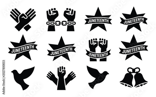Photography Juneteenth celebration icons set with hands stars doves and bells