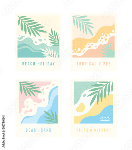 Abstract Beach Scenes with Tropical Leaves and Waves Vector Illustration