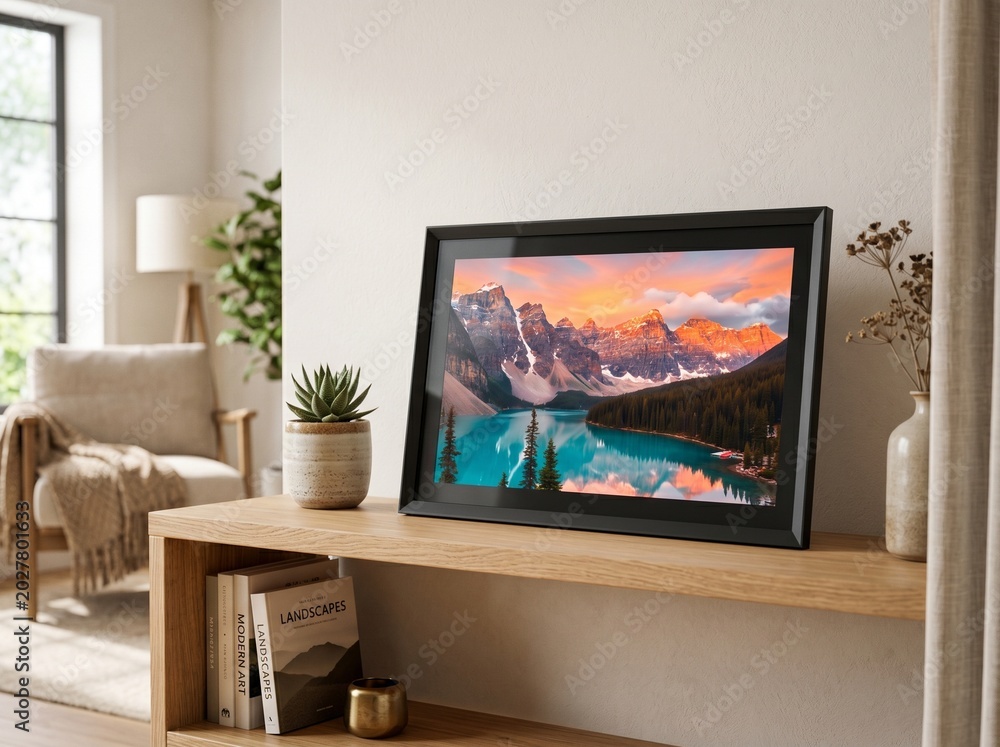 Fototapeta premium Sleek horizontal smart digital frame showing a beautiful alpine lake reflection scene, styled on a light oak console table in a cozy apartment.