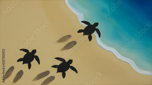Silhouettes of three sea turtles crawling across a sandy beach towards vibrant ocean waves