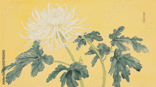 Pale yellow square art white chrysanthemum stylized light green stem leaves long petals to right bottom diagonal stem downwards dark green foliage solid light yellow background