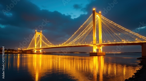 Beautiful cable stayed bridge at night with bright golden lights reflecting on the calm water surface under a dark blue sky in a modern city landscape