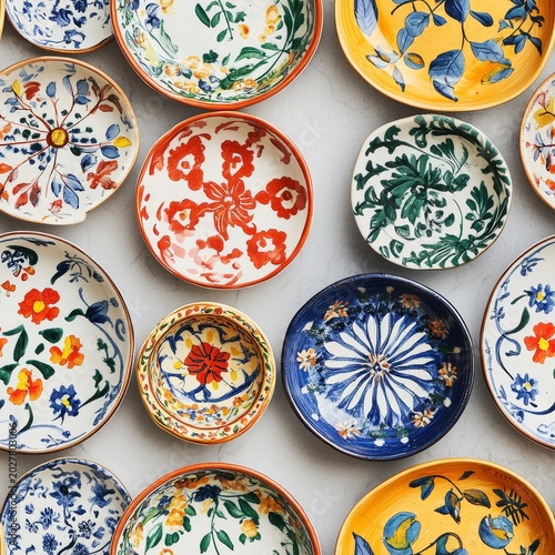 Flat lay of colorful vintage ceramic dishes from Portugal, hand-painted with folk patterns and coastal motifs, rustic texture