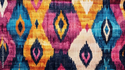 Boho-style ethnic textile background with repeated Ikat motifs in bold colors, evoking tropical warmth and handcrafted weaving