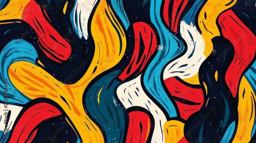 Obraz premium Colorful repetitive design with asymmetric shapes, scribbled lines, and raw brush strokes, inspired by primitive abstract art