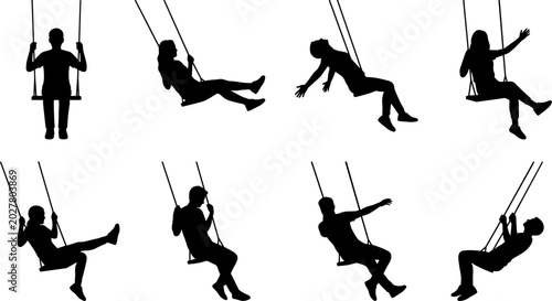 People on Swing Silhouette Icon Set with Men, Women, and Children Swinging for Playground, Summer Recreation, and Freedom Concept Graphic Designs