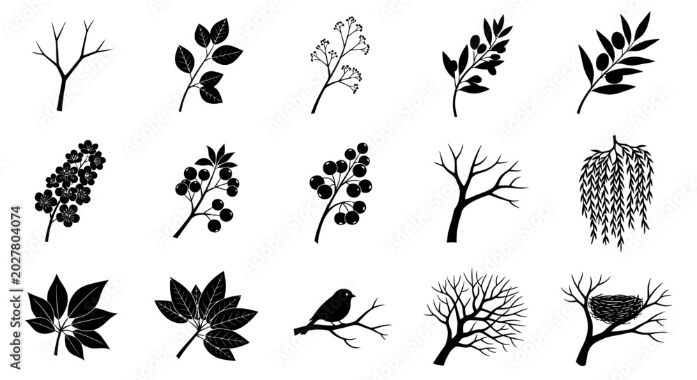 Fototapeta premium Black silhouette tree and leaf icons, 16 botanical symbols, vector graphics, nature illustrations, plant silhouettes