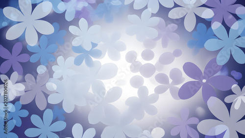 Soft blue and purple flowers gently float on a gradient light background