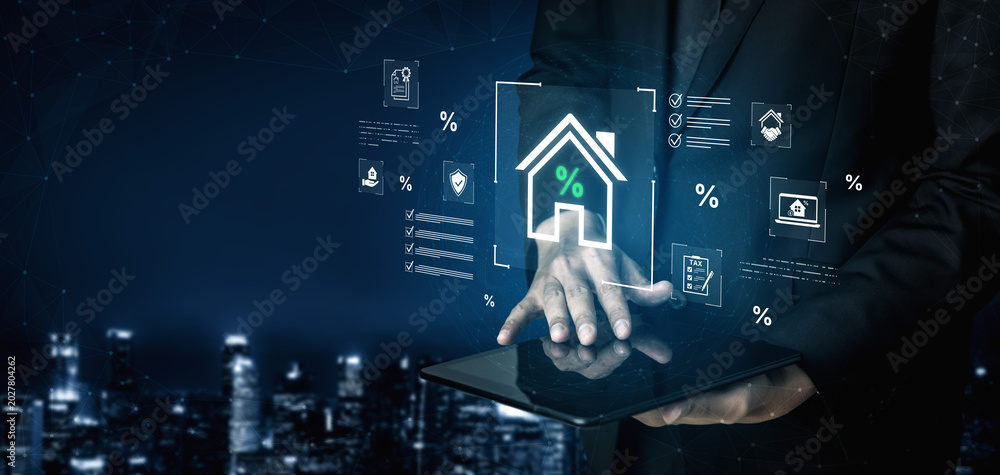 Naklejka premium The process of home ownership in the real estate market. This includes mortgage rates, property tax, contracts, and compliance checks for a successful property investment. Fermion
