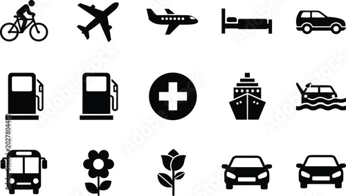 Fotografia Black of various transportation modes and symbols on white background, vehicles