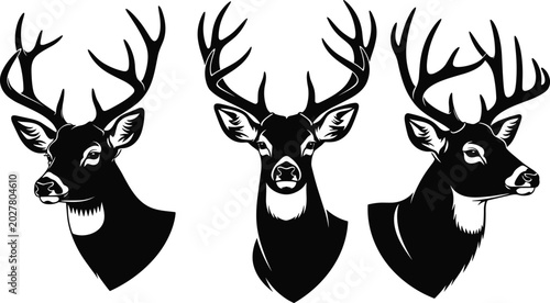 Bilde på lerret Deer head silhouettes with antlers in stylized poses, vector illustration for wi