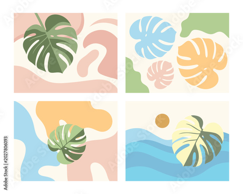 Monstera leaves in abstract organic shapes and soft pastel colors for a contemporary design concept