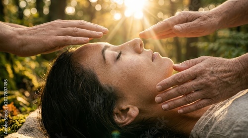 Spiritual reiki healing session under natural sunlight with beautiful bokeh.