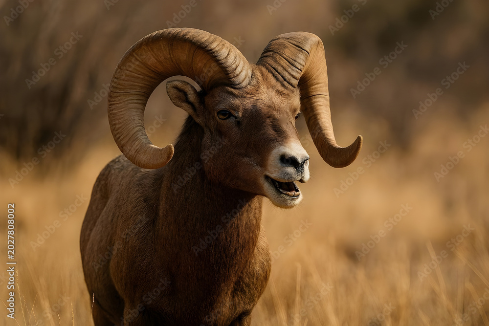 Obraz premium Majestic Bighorn Sheep Standing in Dry Grassland Habitat