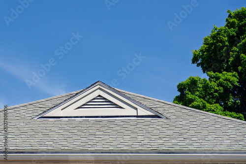 Принти на полотні Triangular gable vent on an asphalt shingle roof under a bright blue sky