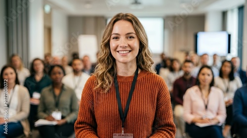 Engaging female speaker in a group setting discussing employee wellbeing and mental health.
