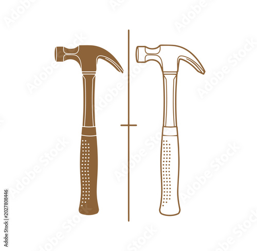 two hammers one colored and one outlined side by side on white background