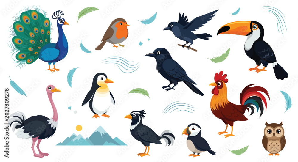 Fototapeta premium Diverse set of various bird species including a peacock, penguin, ostrich, robin, toucan, owl, and a domestic rooster.