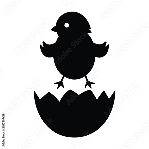 Bild auf Leinwand Black Silhouette Chick Hatching from Eggshell Vector Art, Cute Baby Bird Emergin