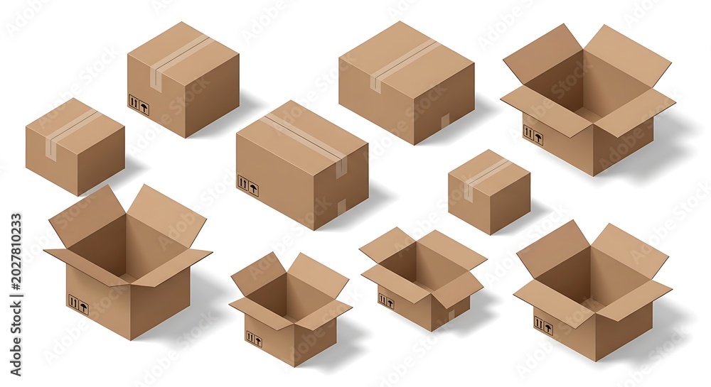 Fototapeta premium Brown Cardboard Boxes in Various Sizes and Open State