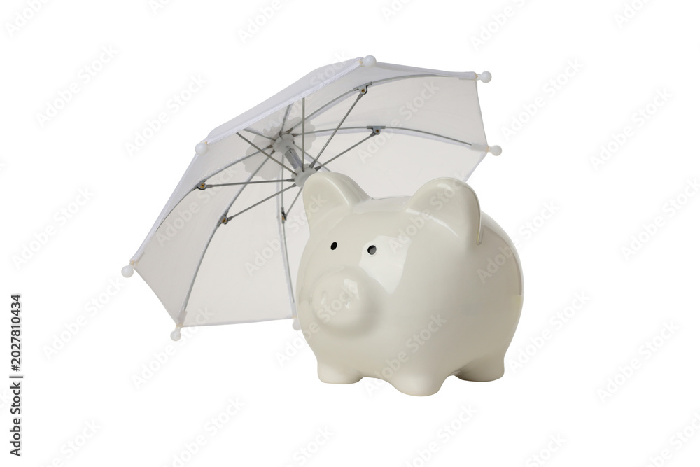 Naklejka premium Umbrella over piggy bank symbolizes savings safety, isolated, PNG