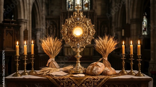 Corpus christi celebration with monstrance bread and wheat on church altar