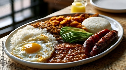 bandeja paisa on handmade oval white ceramic platter, positioned in the lower left third on a light rustic wood table. Loose white rice