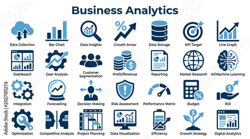 Fotografie Business continuity planning icons representing threats like fire flooding cyber