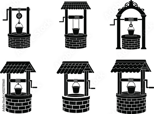 Six black and white well structures with varying roof and bucket pulley systems wells brick wells roof black and white