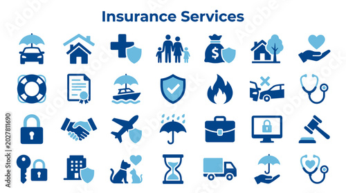 Collection of insurance service icons symbolizing protection security and coverage for various life aspects like home car family health and business