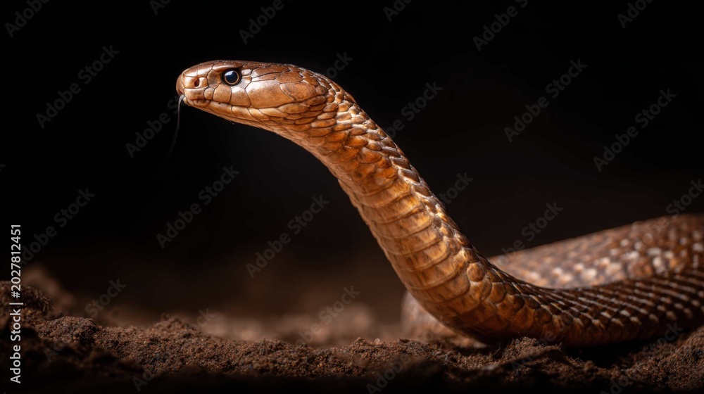 Fototapeta premium Fierce Cobra Snake With Hood Flared, Poised To Strike in Dark Natural Setting
