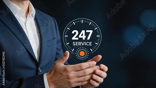 Man holding virtual twenty four seven service clock icon, representing non-stop support and availability, business customer care concept with continuous operation time schedule